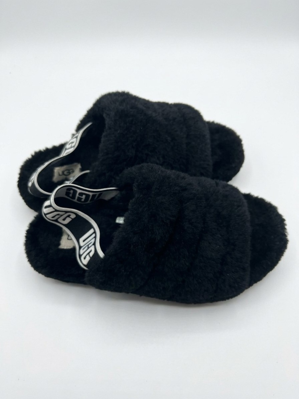 UGG Black Fluff Slide Sandals with Branded Strap Size 7